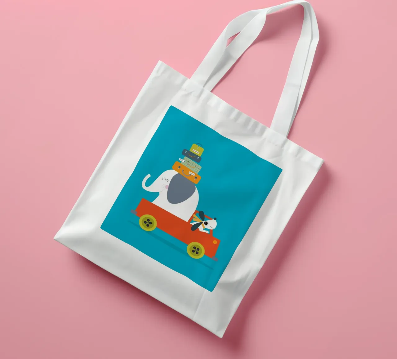 Avventura in viaggio - Illustrazione giocosa di un elefante e di un cane borsa in juta da JaySan Studio