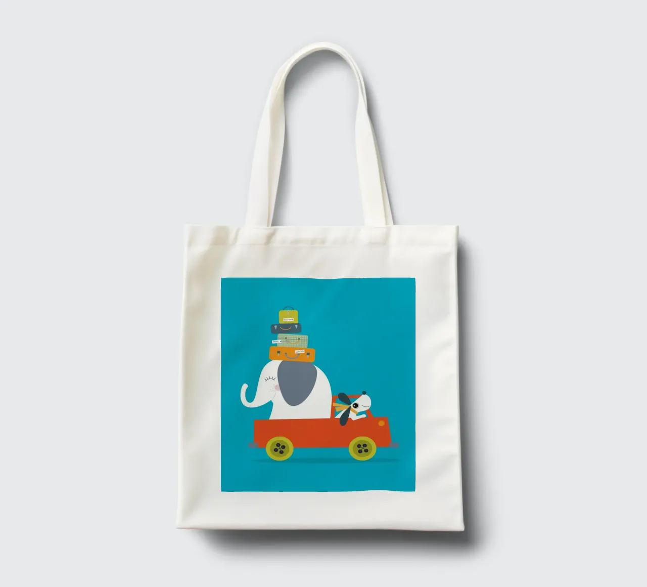 Avventura in viaggio - Illustrazione giocosa di un elefante e di un cane borsa in juta da JaySan Studio