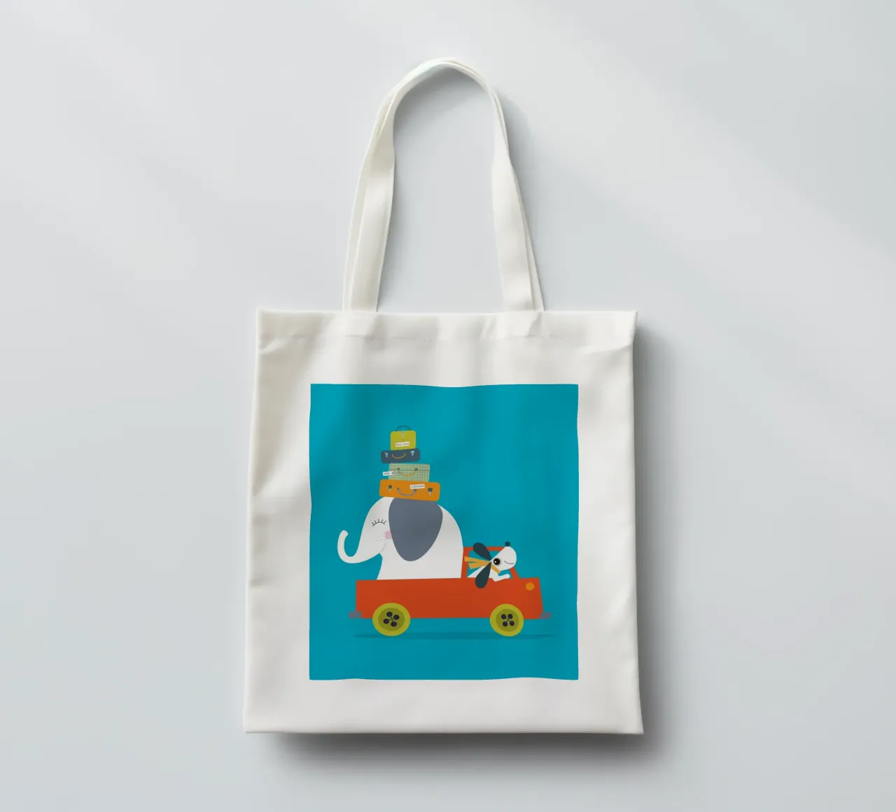 Avventura in viaggio - Illustrazione giocosa di un elefante e di un cane borsa in juta da JaySan Studio