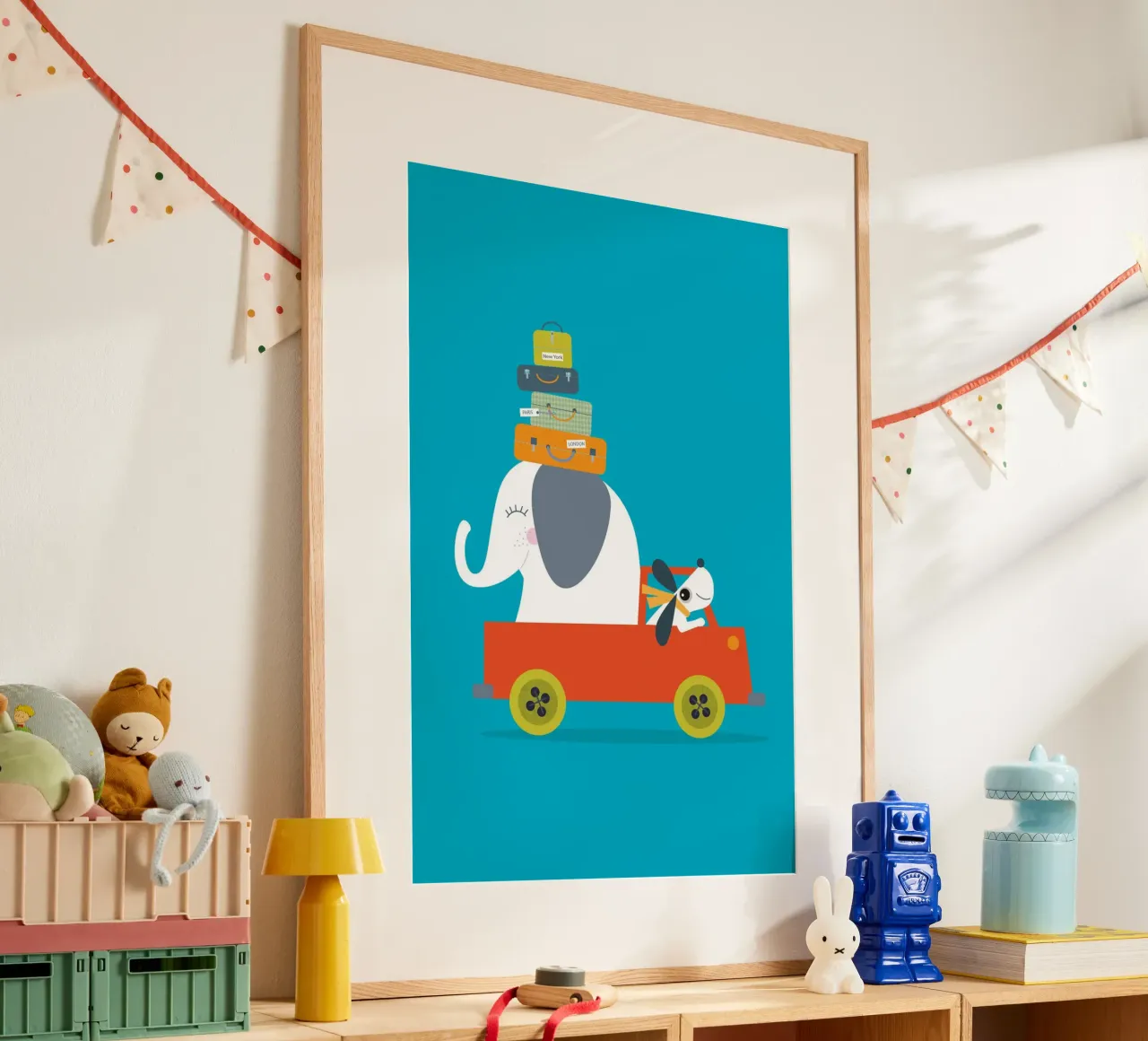 Avventura in viaggio - Illustrazione giocosa di un elefante e di un cane poster da JaySan Studio
