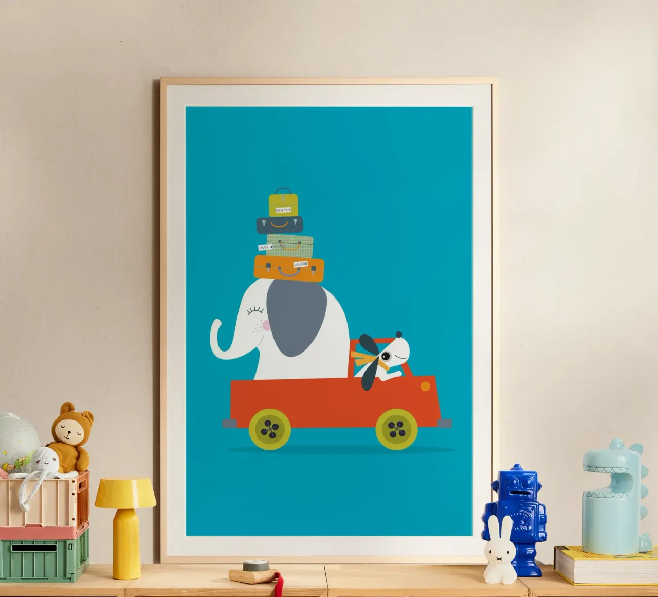 Avventura in viaggio - Illustrazione giocosa di un elefante e di un cane poster da JaySan Studio