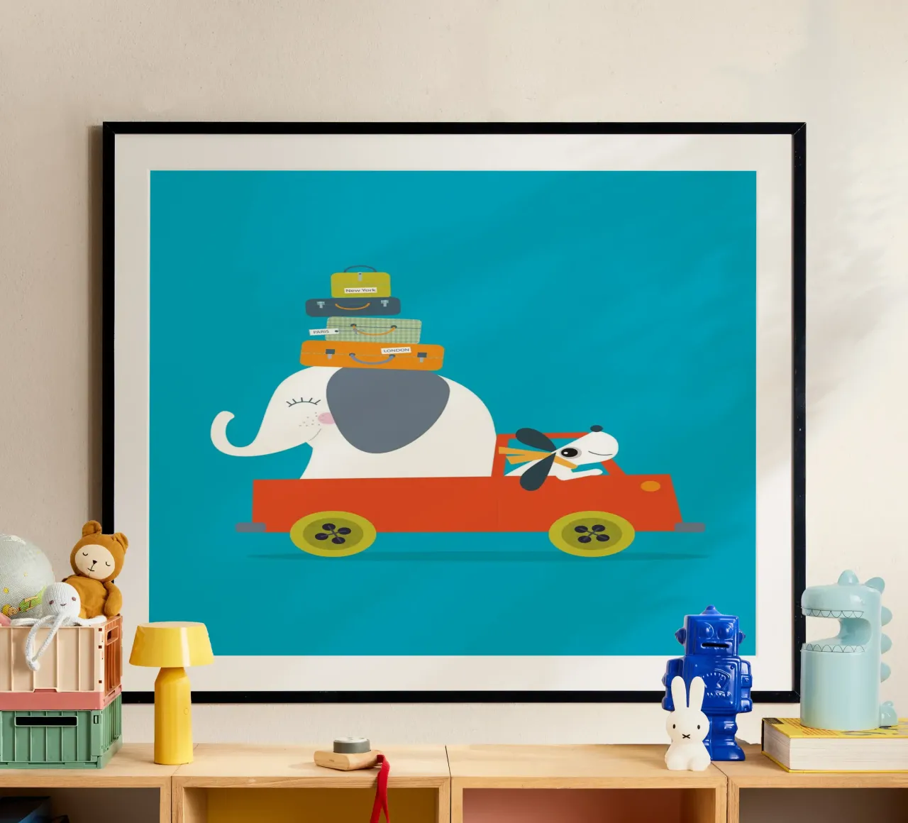 Avventura in viaggio - Illustrazione giocosa di un elefante e di un cane poster da JaySan Studio