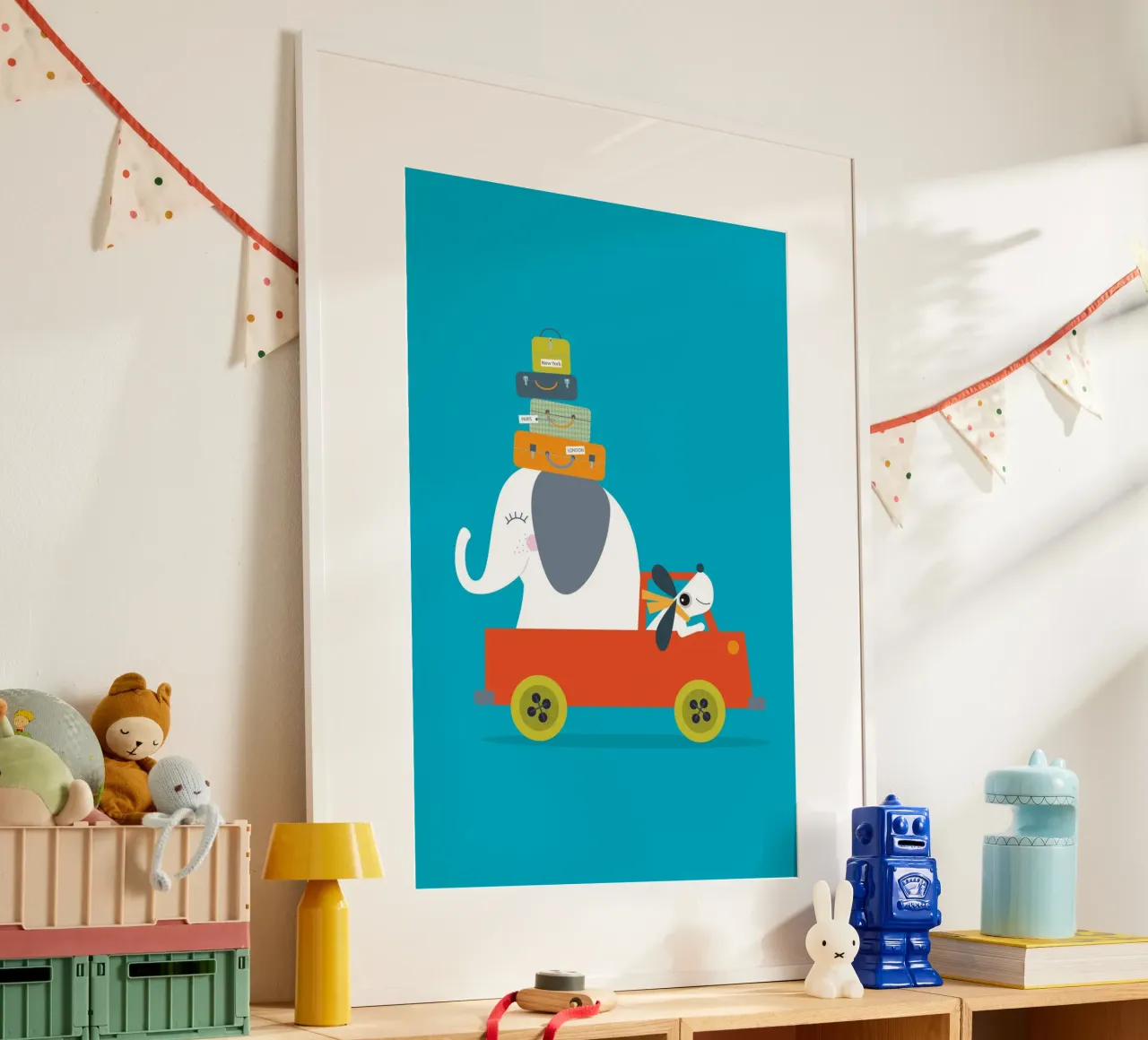 Avventura in viaggio - Illustrazione giocosa di un elefante e di un cane poster da JaySan Studio
