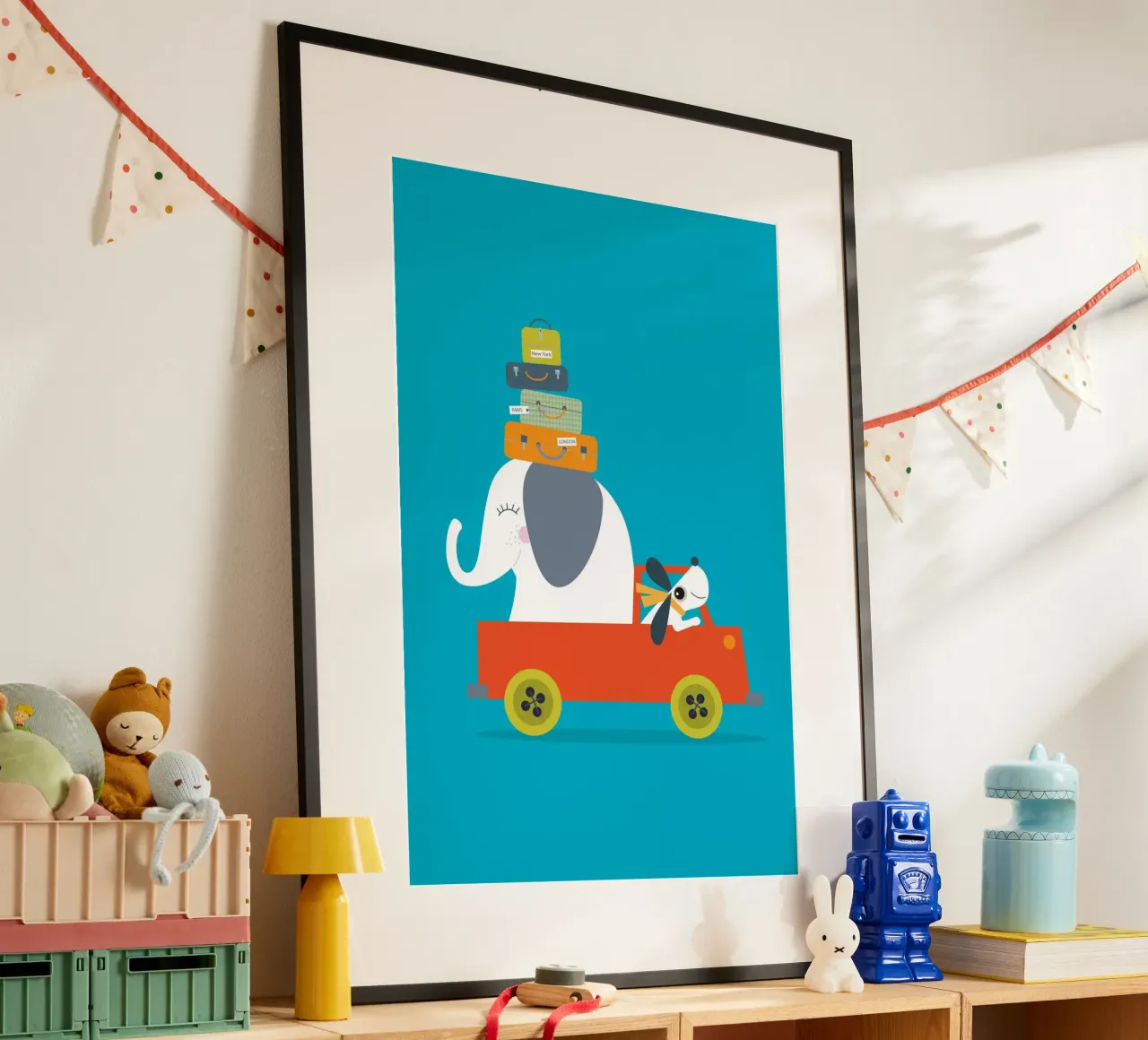 Avventura in viaggio - Illustrazione giocosa di un elefante e di un cane poster da JaySan Studio