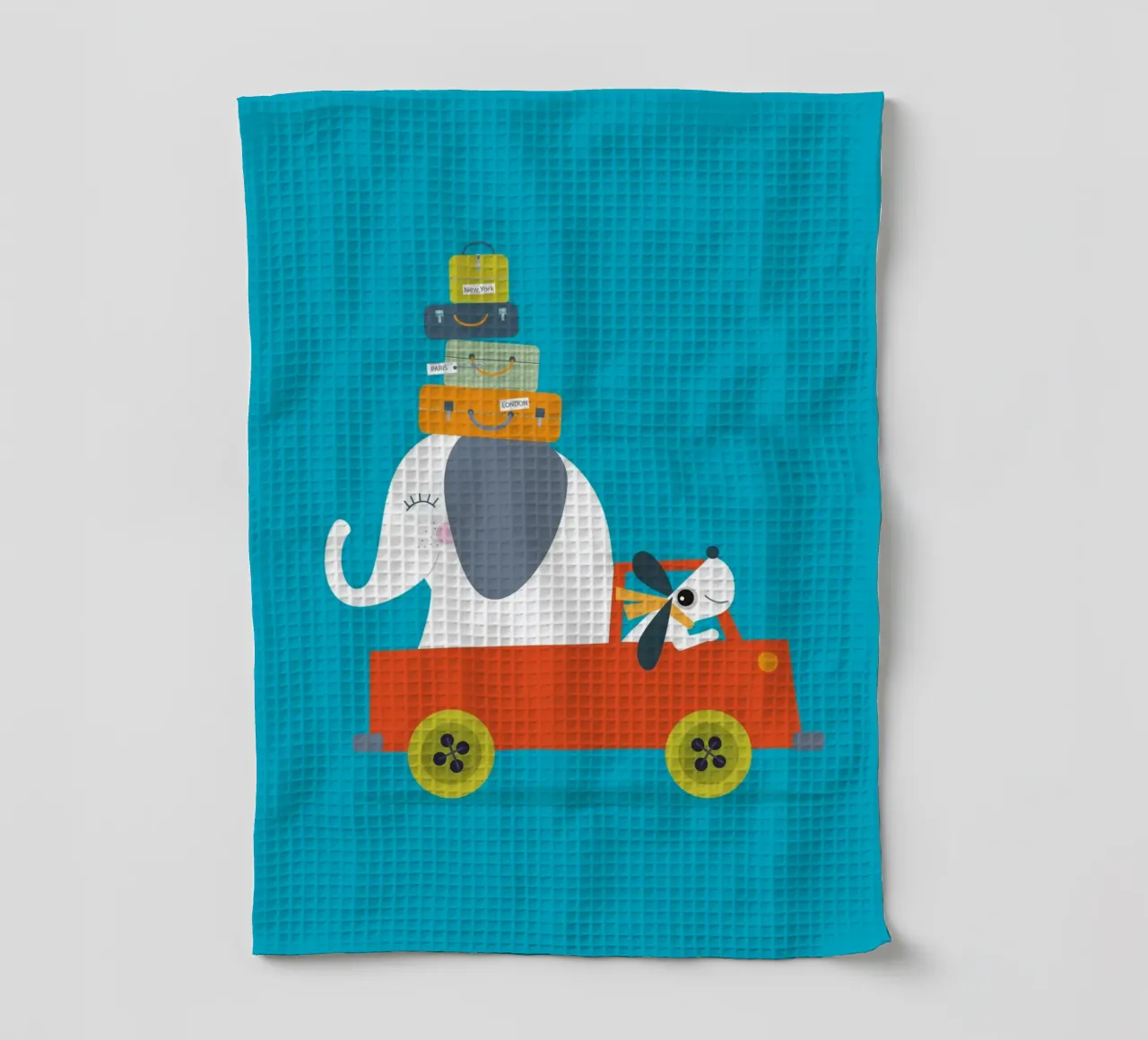 Avventura in viaggio - Illustrazione giocosa di un elefante e di un cane canovaccio da cucina da JaySan Studio
