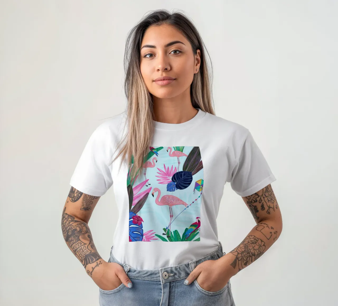 Flamingo with kite and banana tree summer time t-shirt by gulsengunel