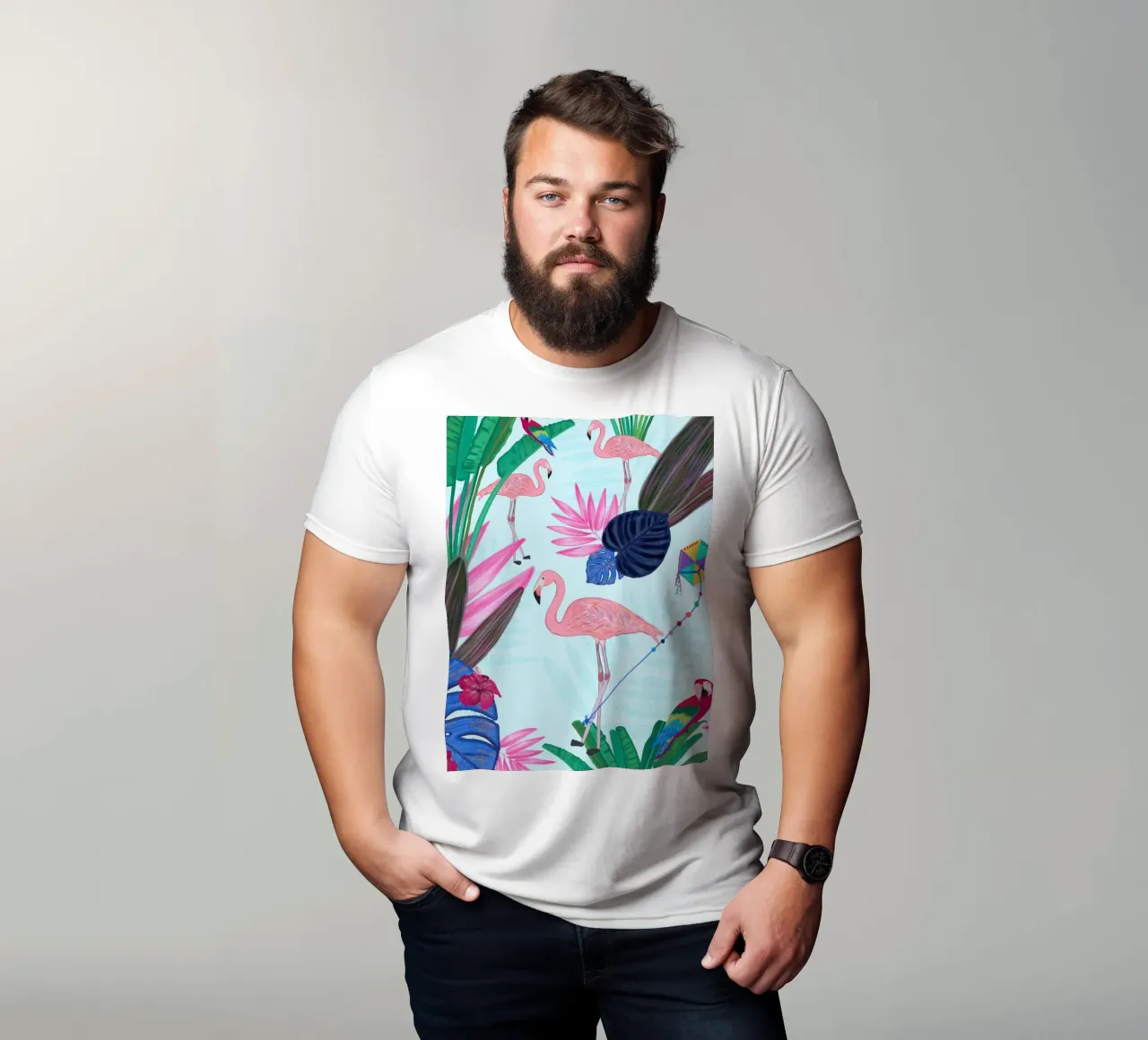 Flamingo with kite and banana tree summer time t-shirt by gulsengunel