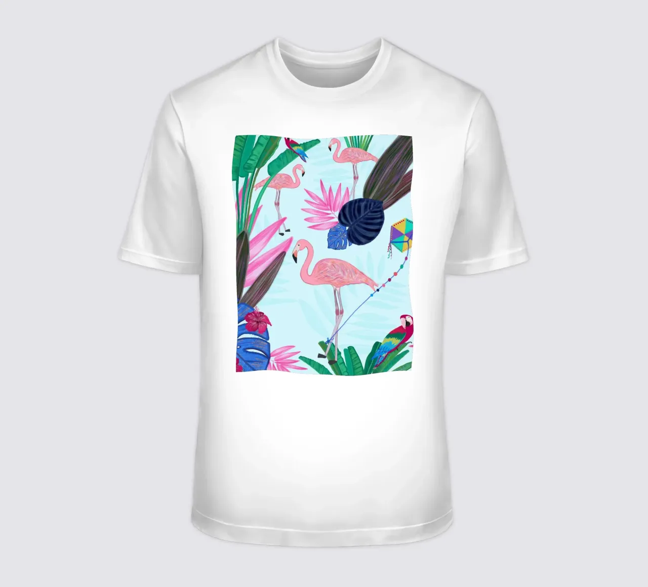 Flamingo with kite and banana tree summer time t-shirt by gulsengunel