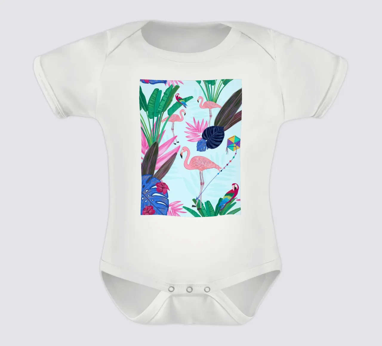 Flamingo mit Drachen und Bananenstaude Sommerzeit Kurzarm Babybody von gulsengunel