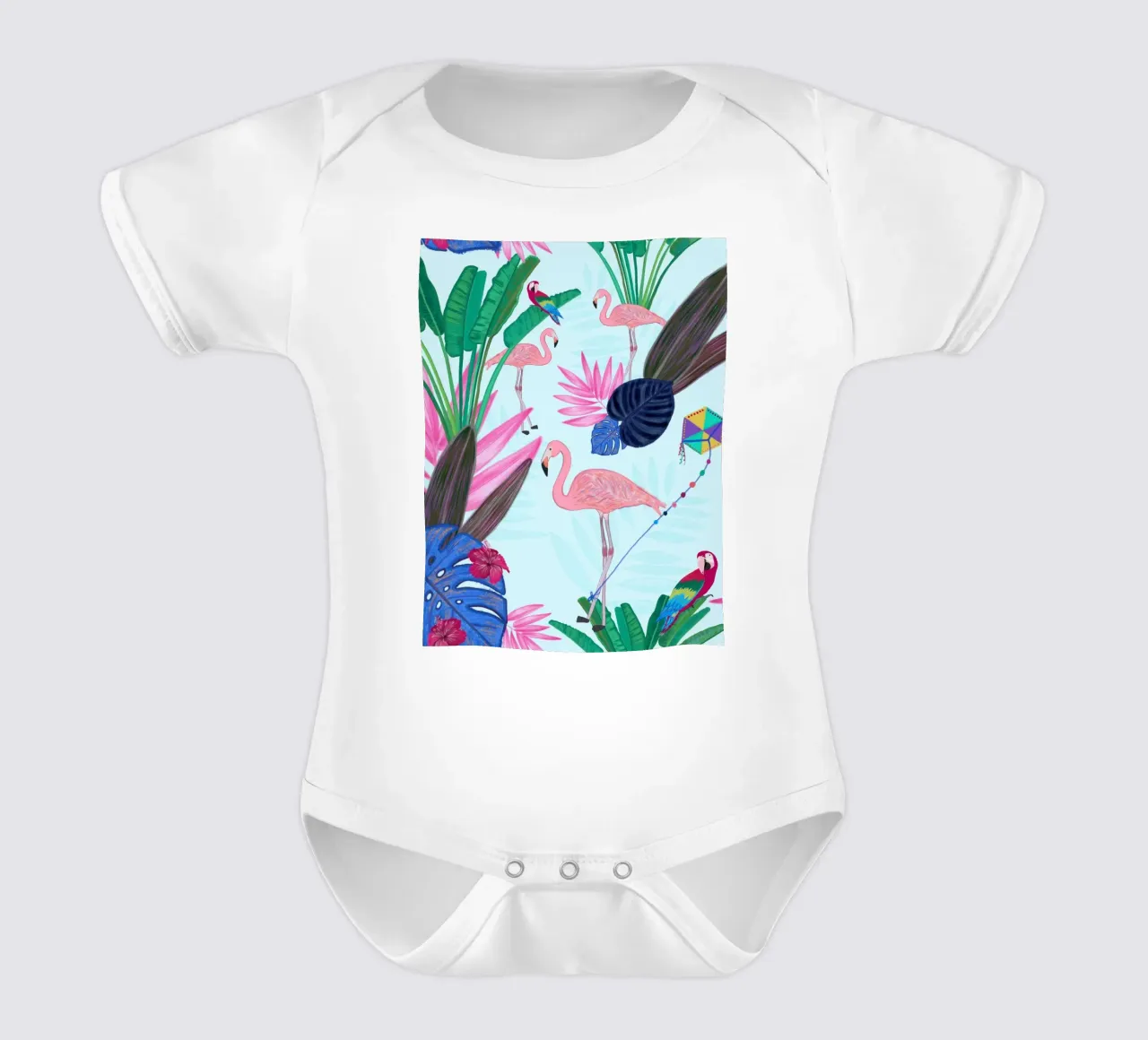 Flamingo with kite and banana tree summer time short-sleeve baby romper by gulsengunel