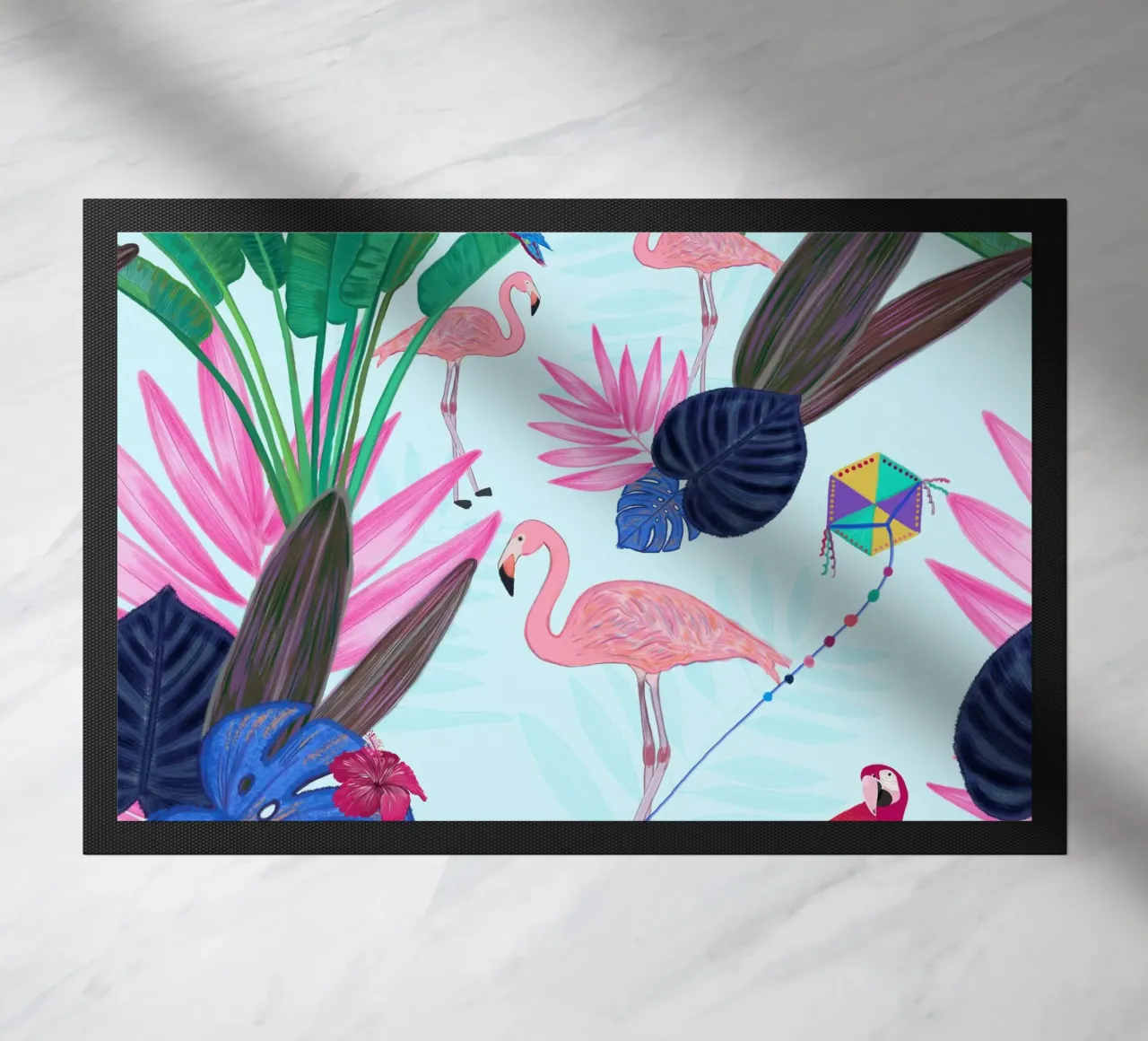 Flamingo with kite and banana tree summer time doormat by gulsengunel