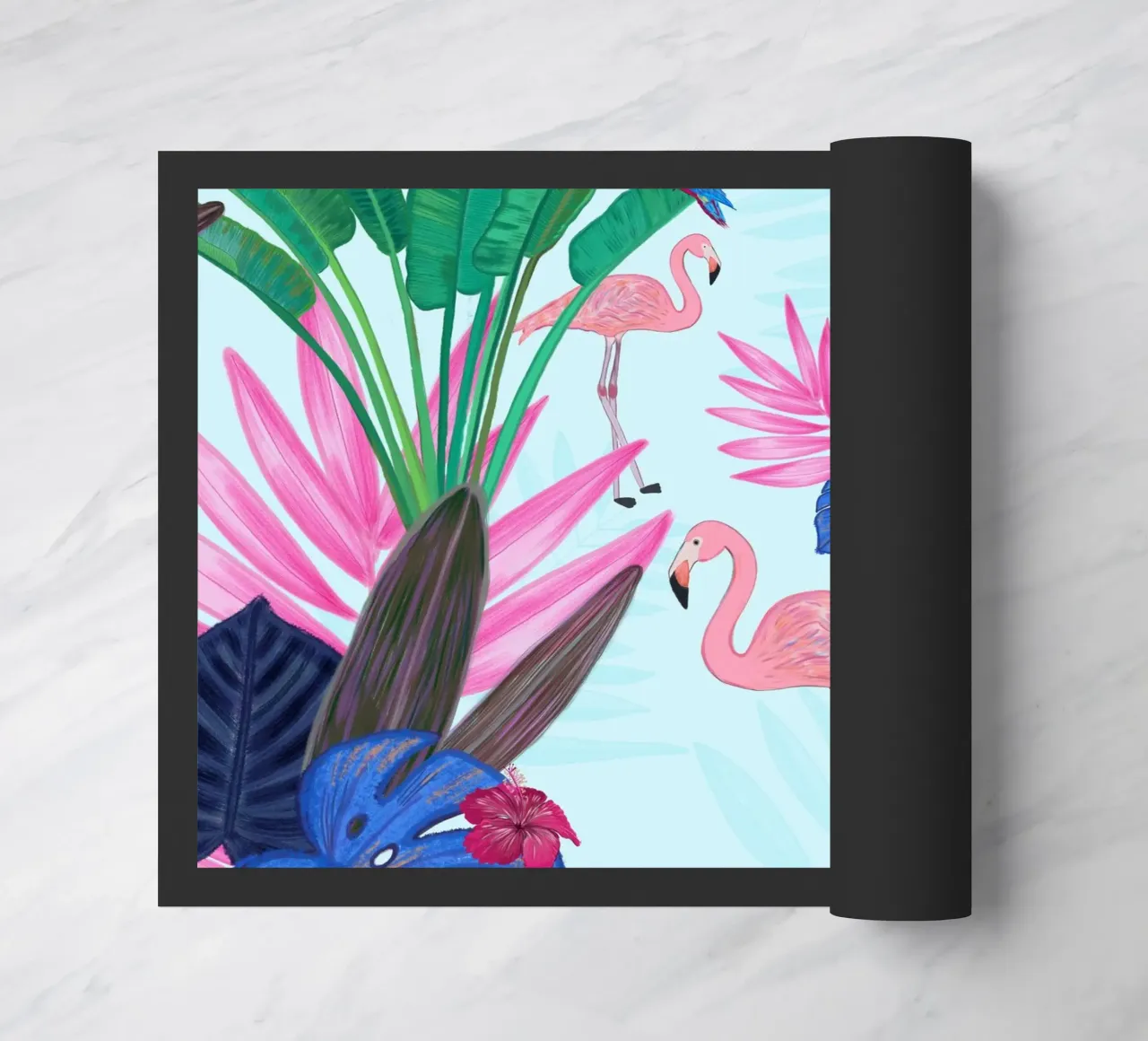 Flamingo with kite and banana tree summer time doormat by gulsengunel