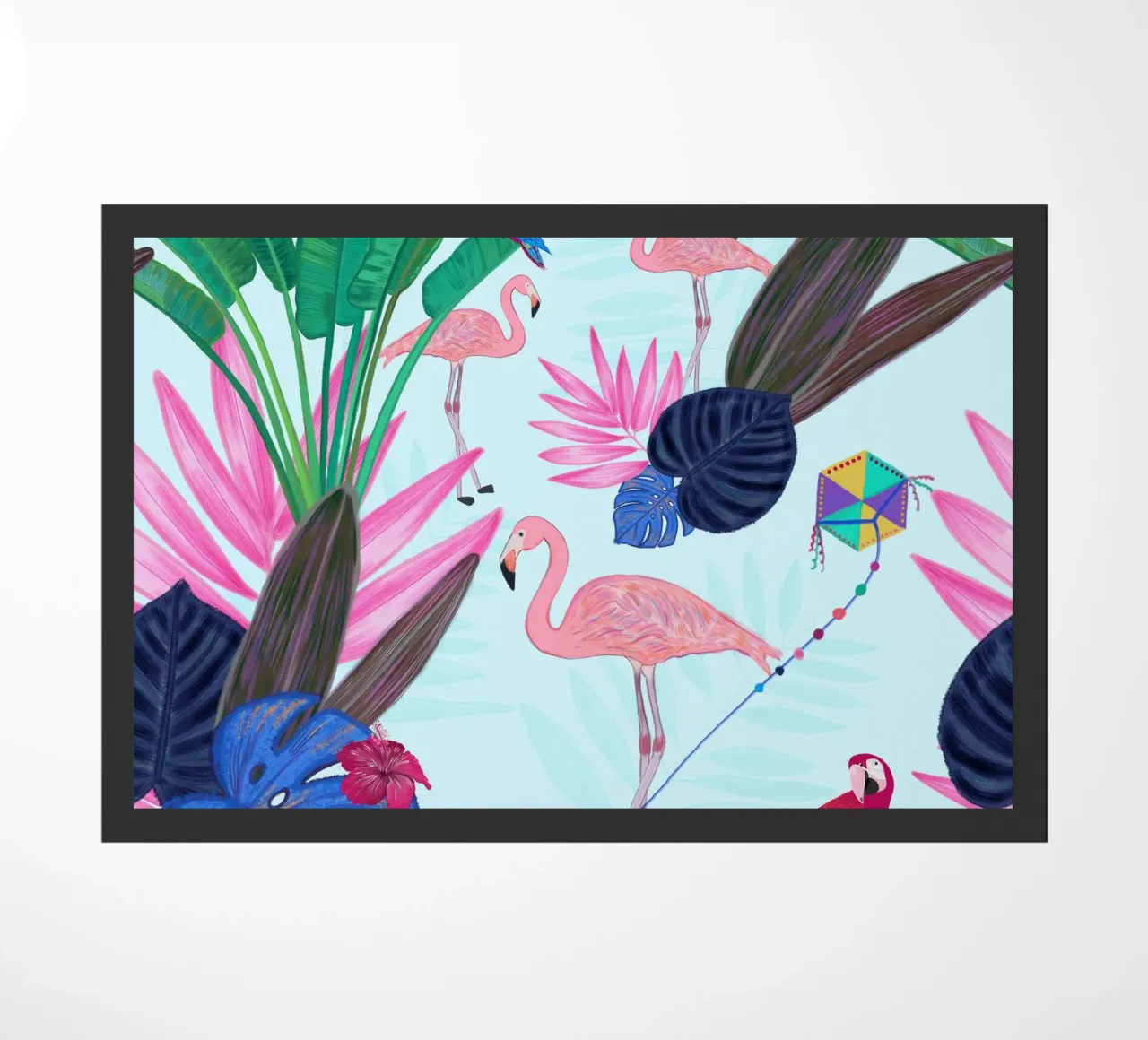 Flamingo with kite and banana tree summer time doormat by gulsengunel