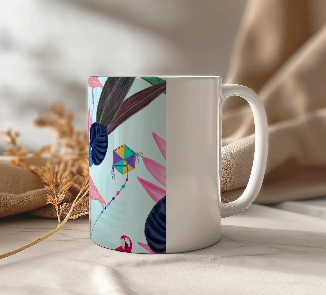 Flamingo with kite and banana tree summer time ceramic mug by gulsengunel