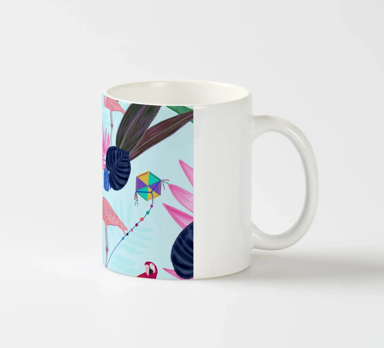 Flamingo with kite and banana tree summer time ceramic mug by gulsengunel
