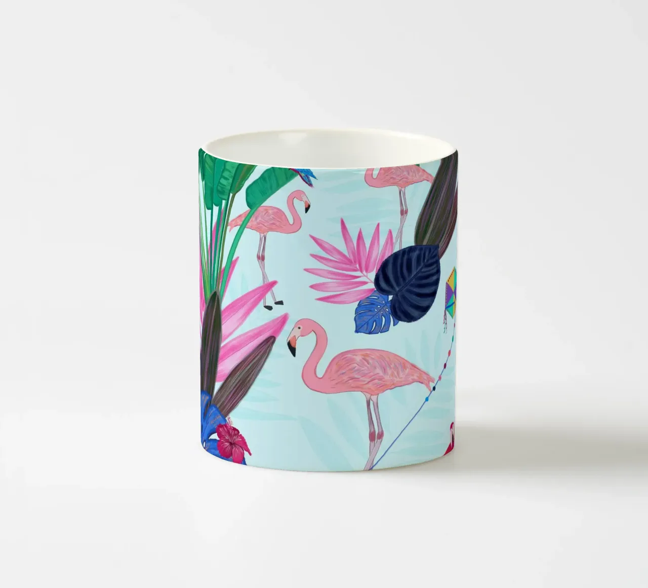Flamingo with kite and banana tree summer time ceramic mug by gulsengunel