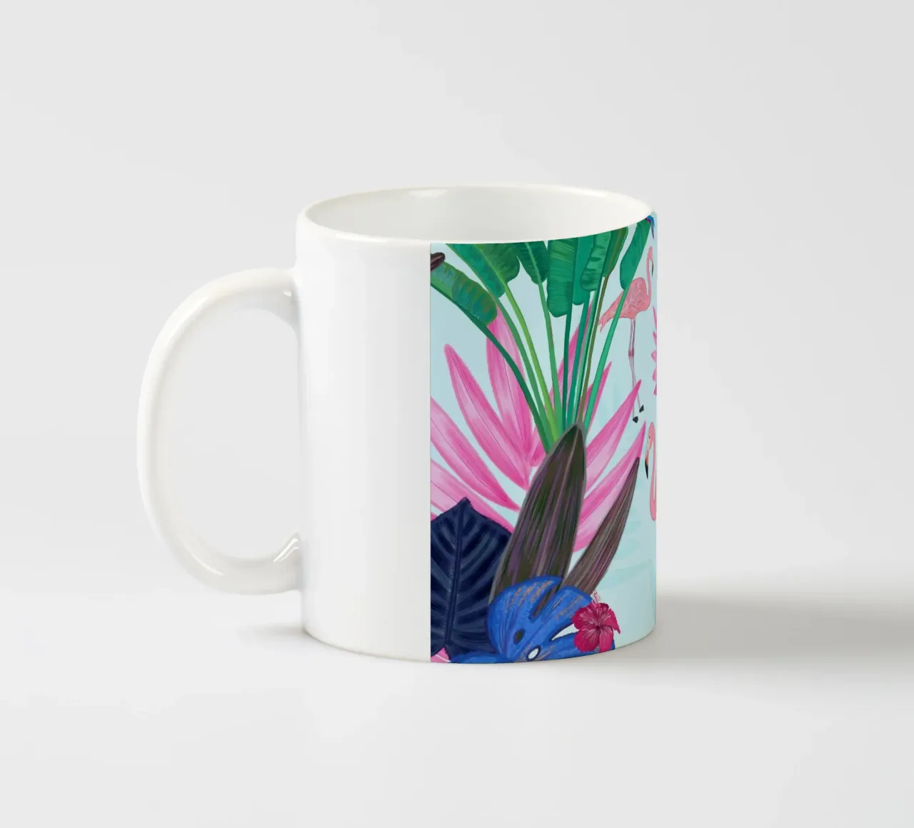 Flamingo with kite and banana tree summer time ceramic mug by gulsengunel