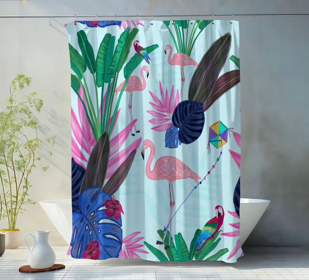 Flamingo with kite and banana tree summer time shower curtain by gulsengunel