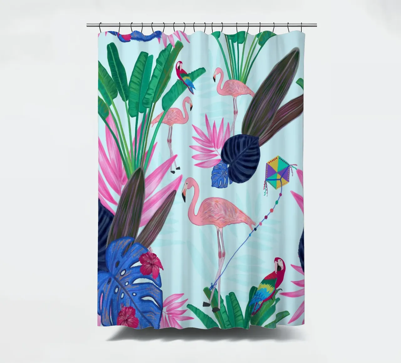 Flamingo with kite and banana tree summer time shower curtain by gulsengunel