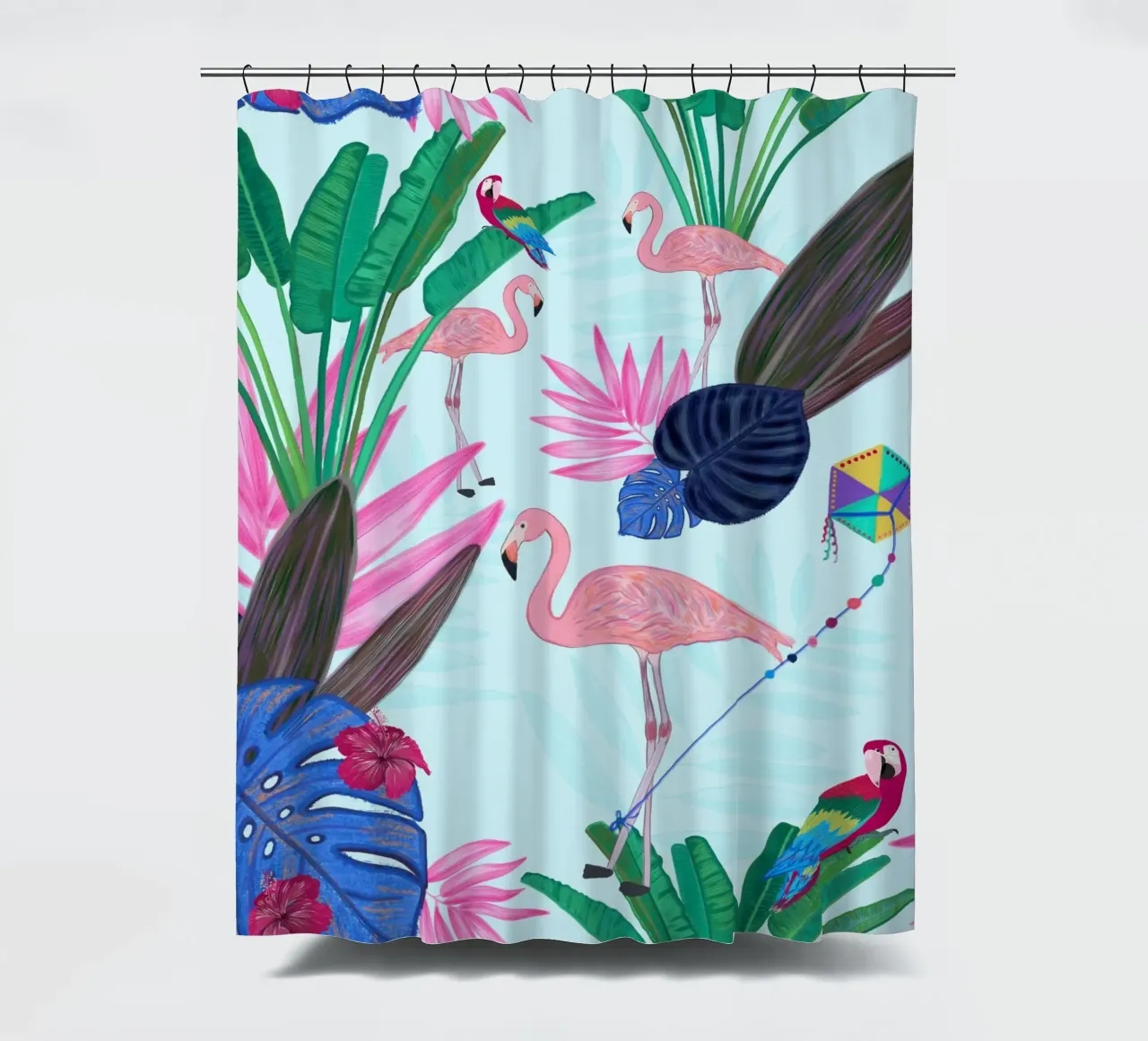 Flamingo with kite and banana tree summer time shower curtain by gulsengunel