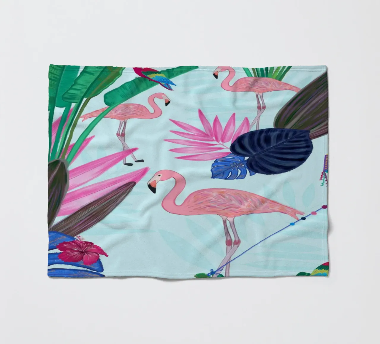 Flamingo with kite and banana tree summer time fleece blanket by gulsengunel