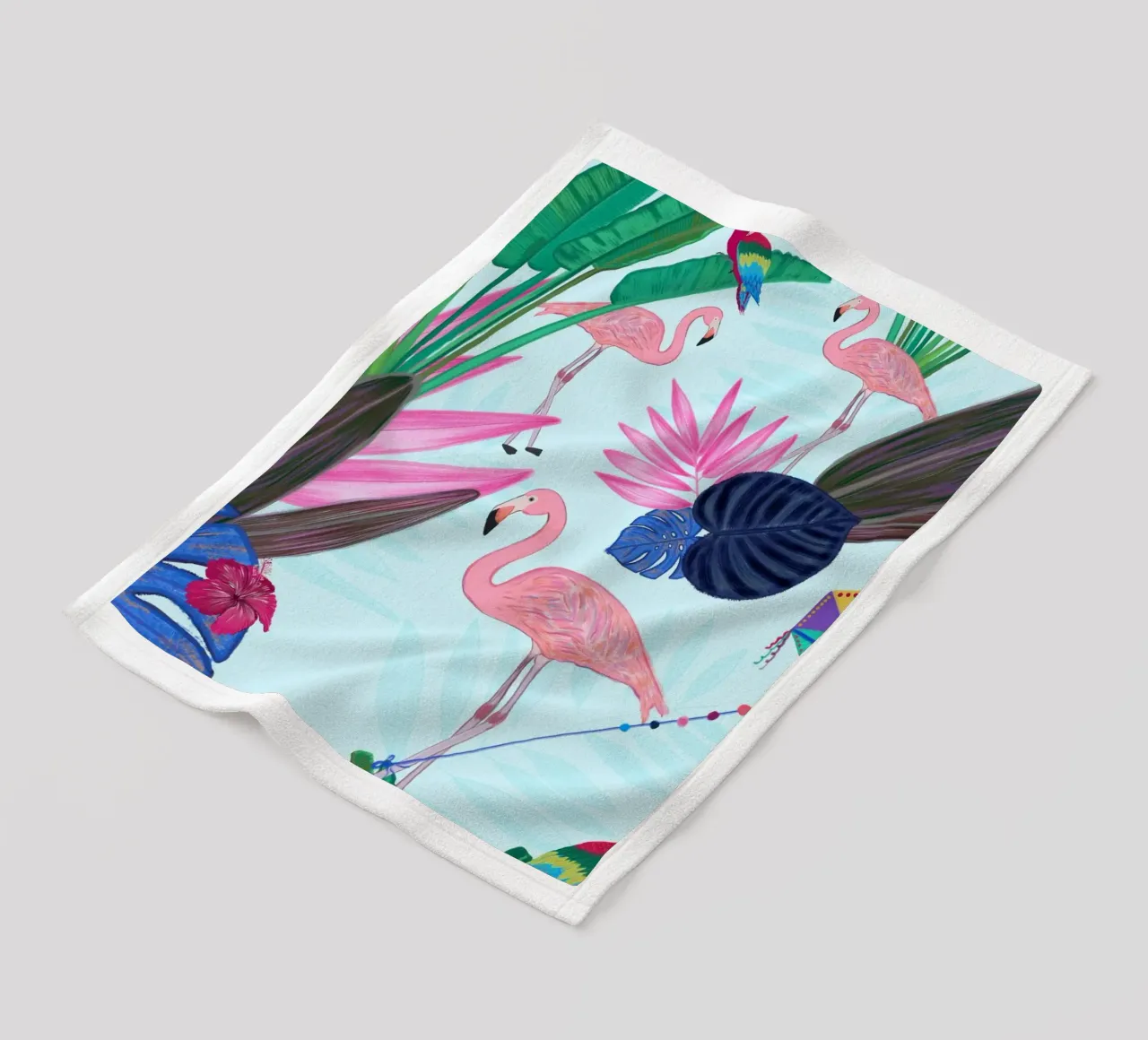 Flamingo with kite and banana tree summer time fleece blanket by gulsengunel