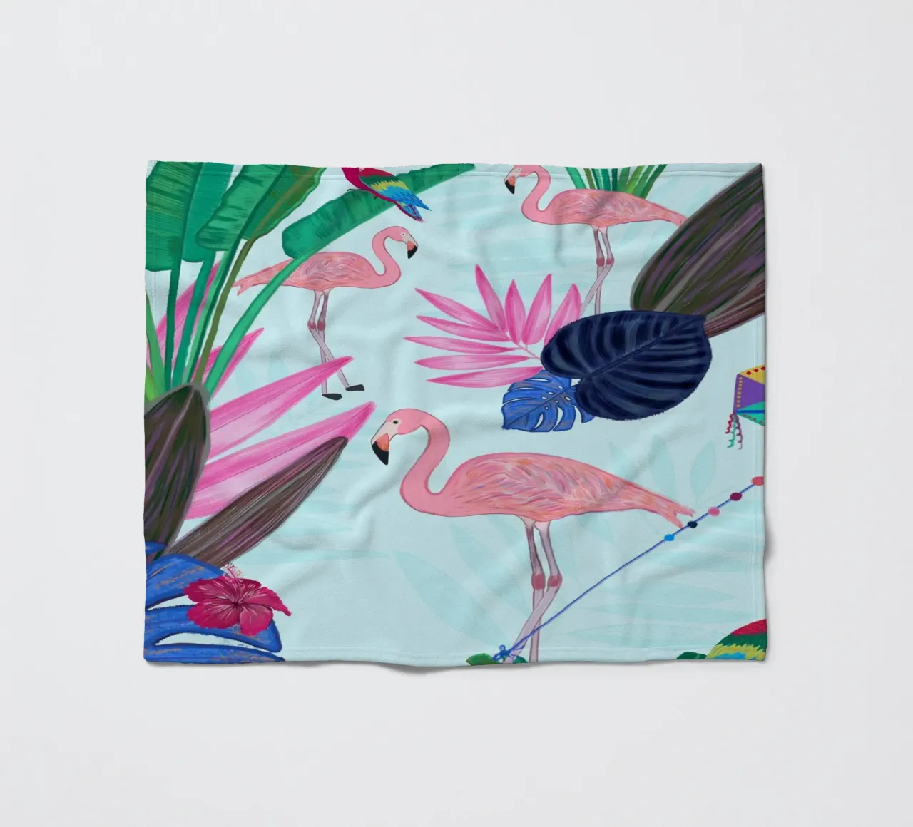 Flamingo with kite and banana tree summer time fleece blanket by gulsengunel