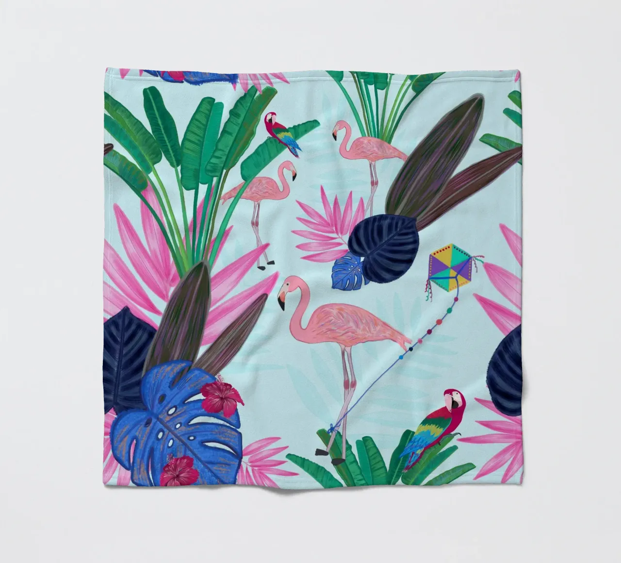 Flamingo with kite and banana tree summer time fleece blanket by gulsengunel