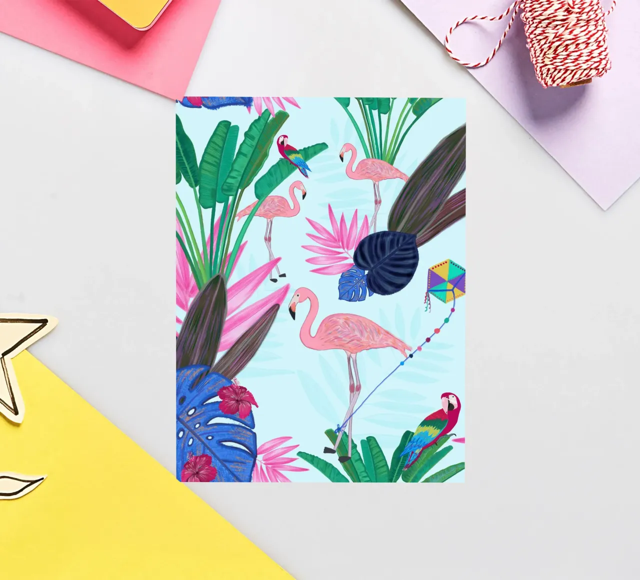 Flamingo with kite and banana tree summer time sticker by gulsengunel