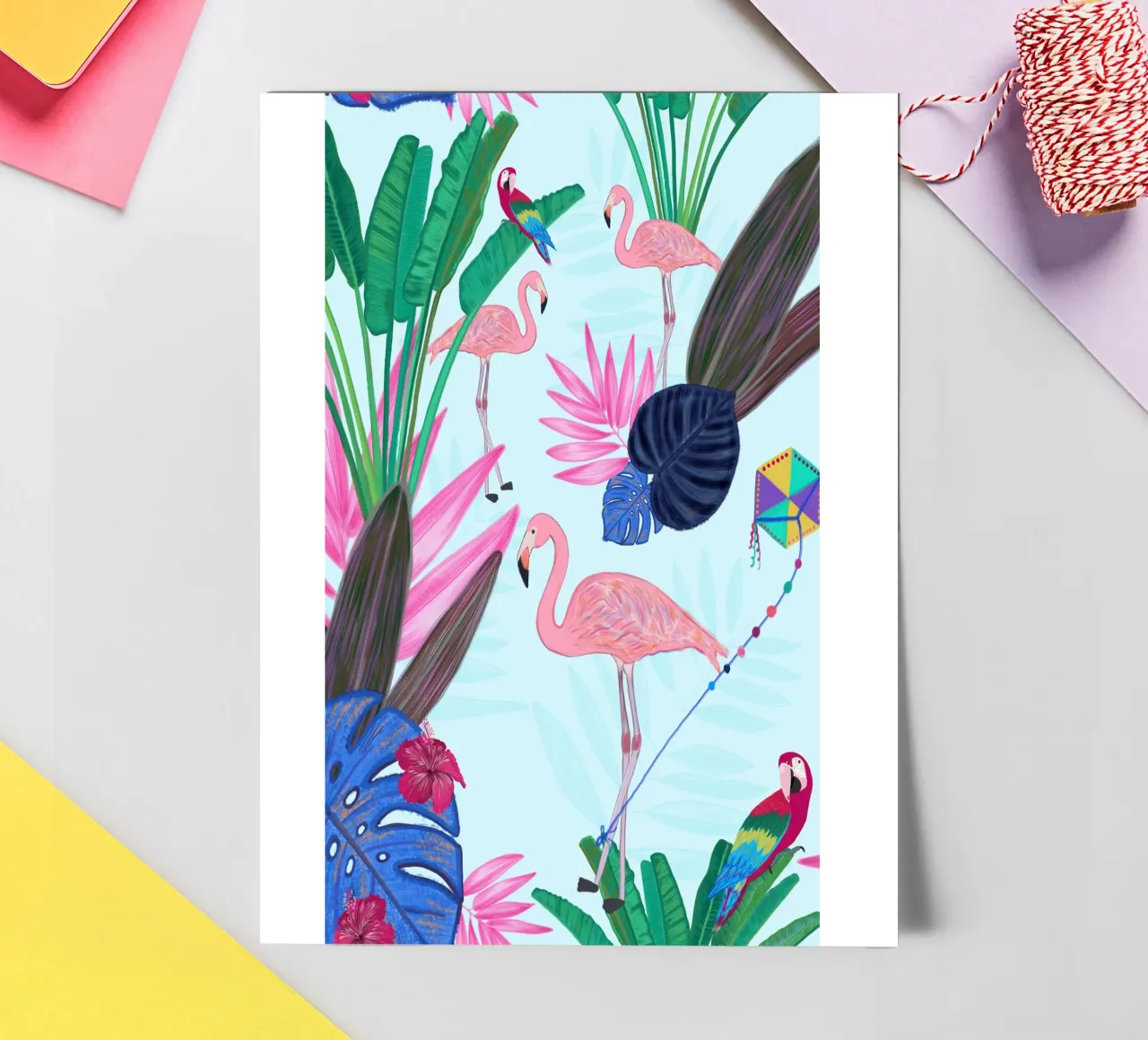 Flamingo with kite and banana tree summer time sticker sheet by gulsengunel