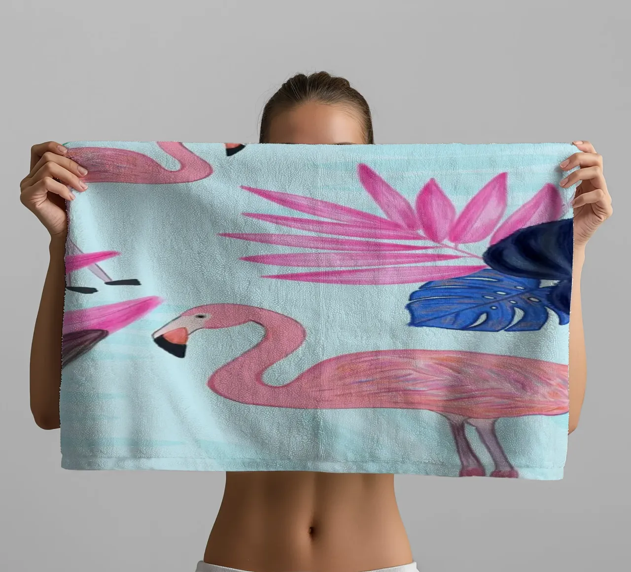 Flamingo with kite and banana tree summer time towel by gulsengunel