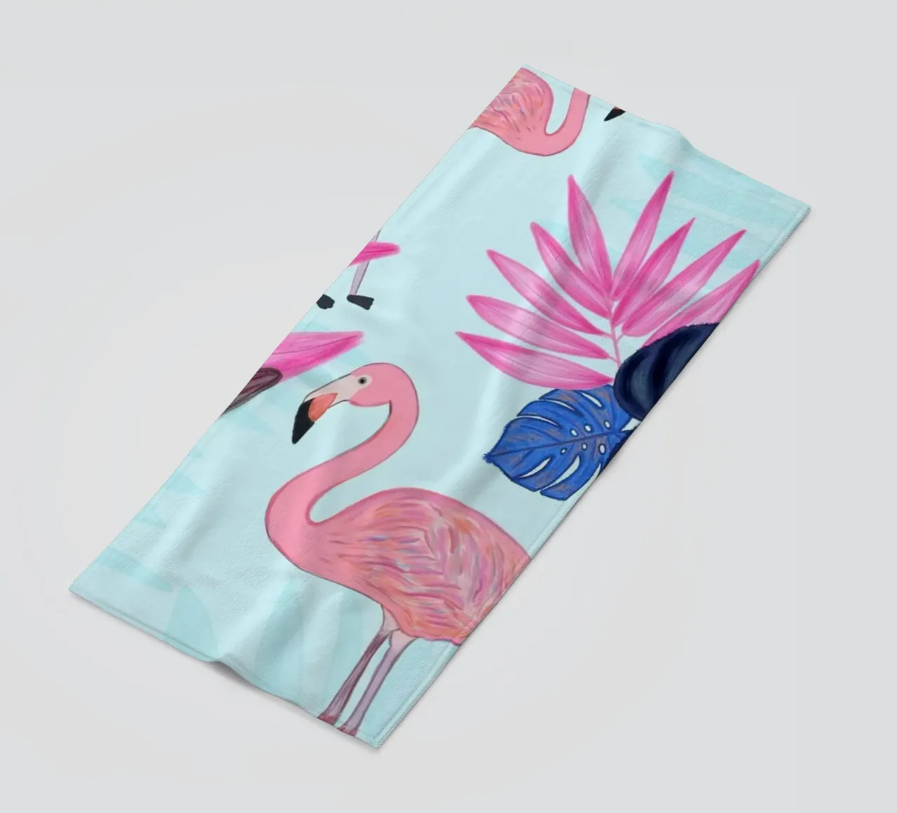 Flamingo with kite and banana tree summer time beach towel by gulsengunel