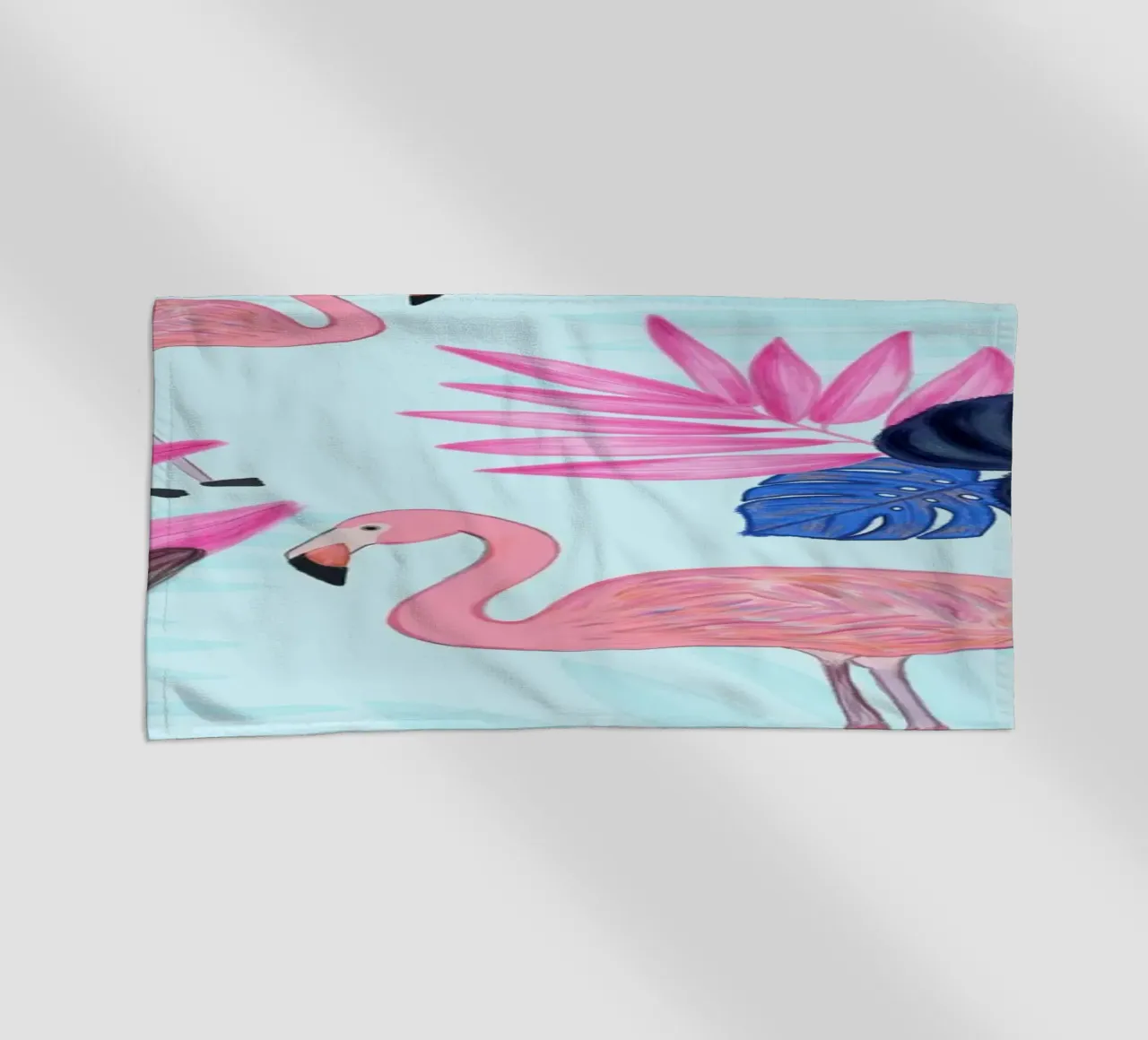Flamingo with kite and banana tree summer time beach towel by gulsengunel