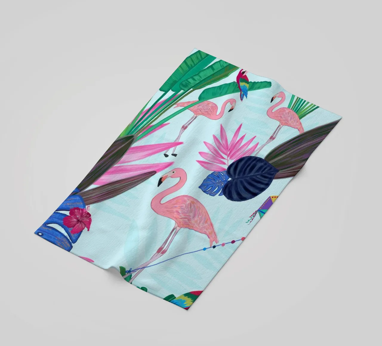 Flamingo with kite and banana tree summer time beach towel by gulsengunel