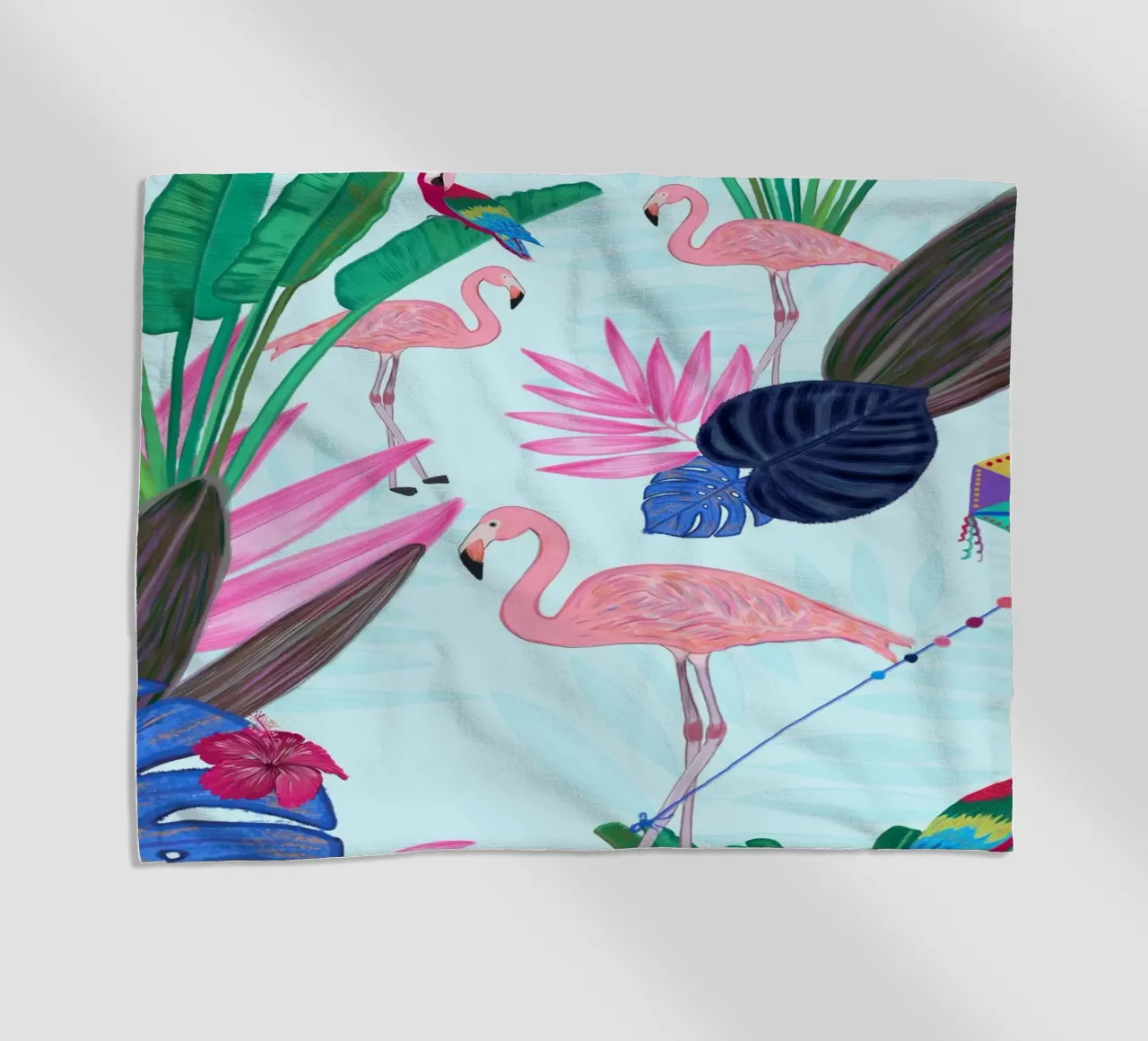 Flamingo with kite and banana tree summer time beach towel by gulsengunel