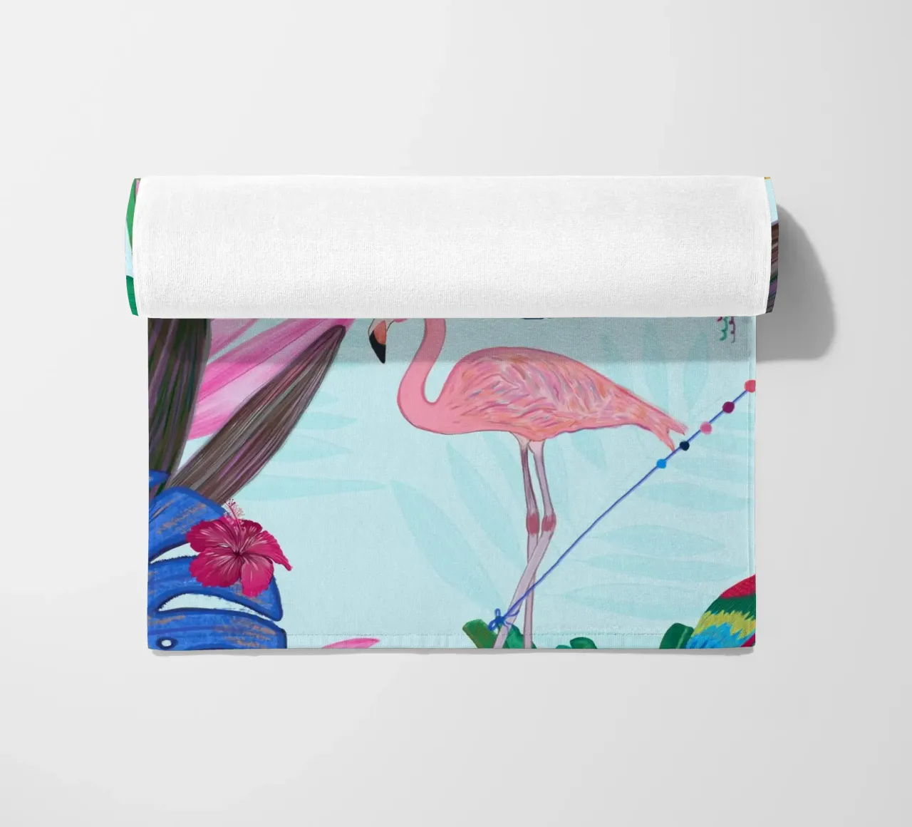 Flamingo with kite and banana tree summer time beach towel by gulsengunel