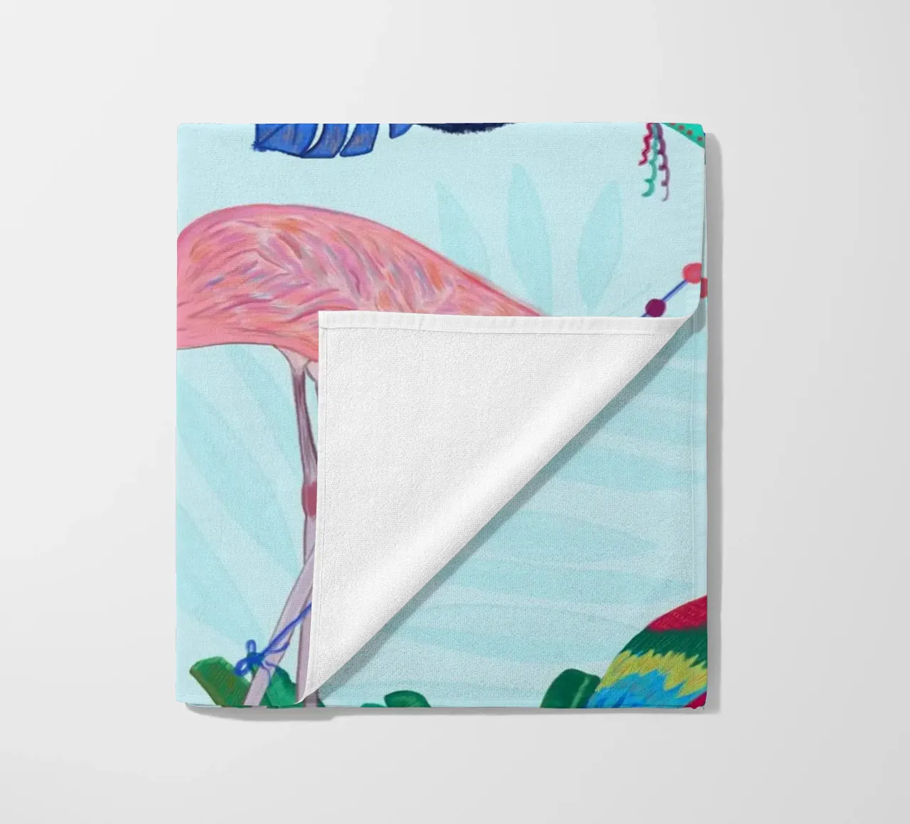 Flamingo with kite and banana tree summer time beach towel by gulsengunel