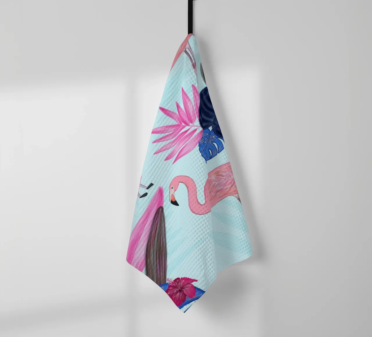 Flamingo with kite and banana tree summer time tea towel by gulsengunel