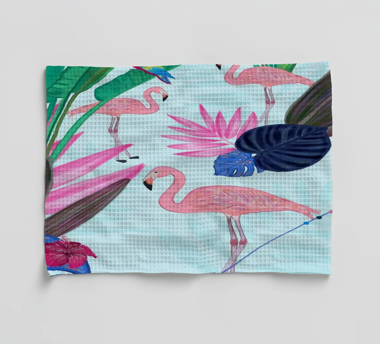 Flamingo with kite and banana tree summer time tea towel by gulsengunel