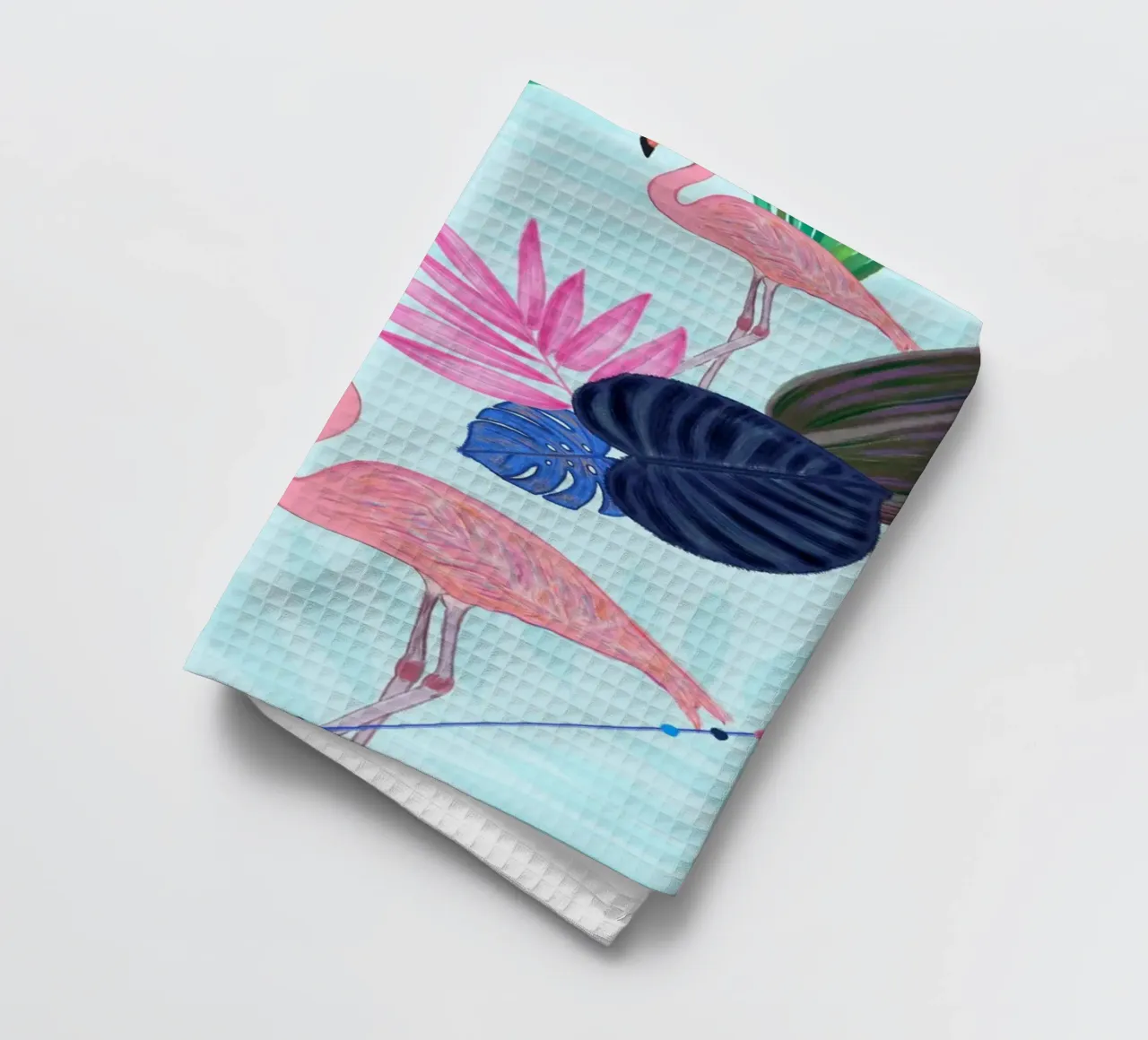 Flamingo with kite and banana tree summer time tea towel by gulsengunel