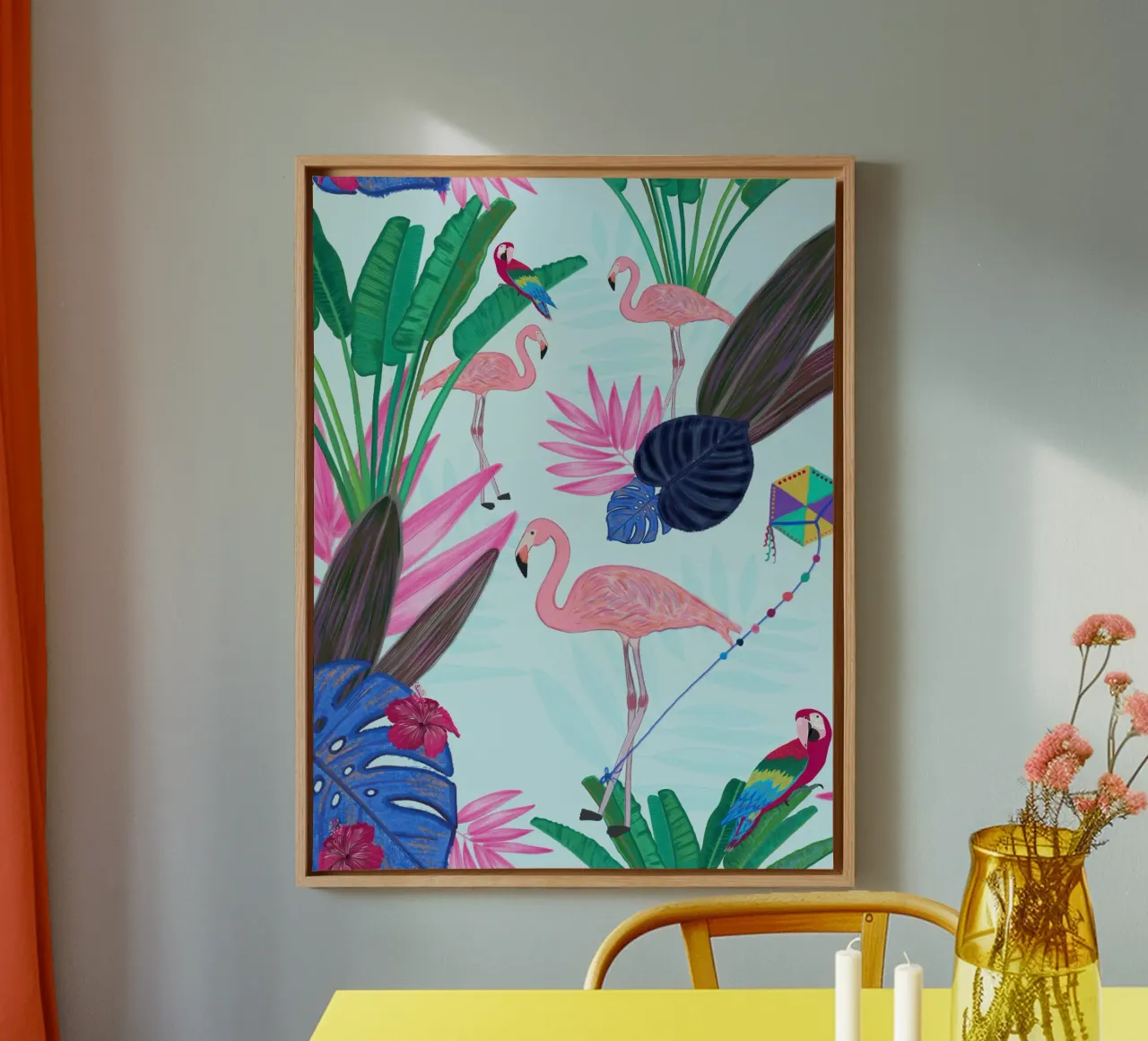 Flamingo with kite and banana tree summer time canvas by gulsengunel