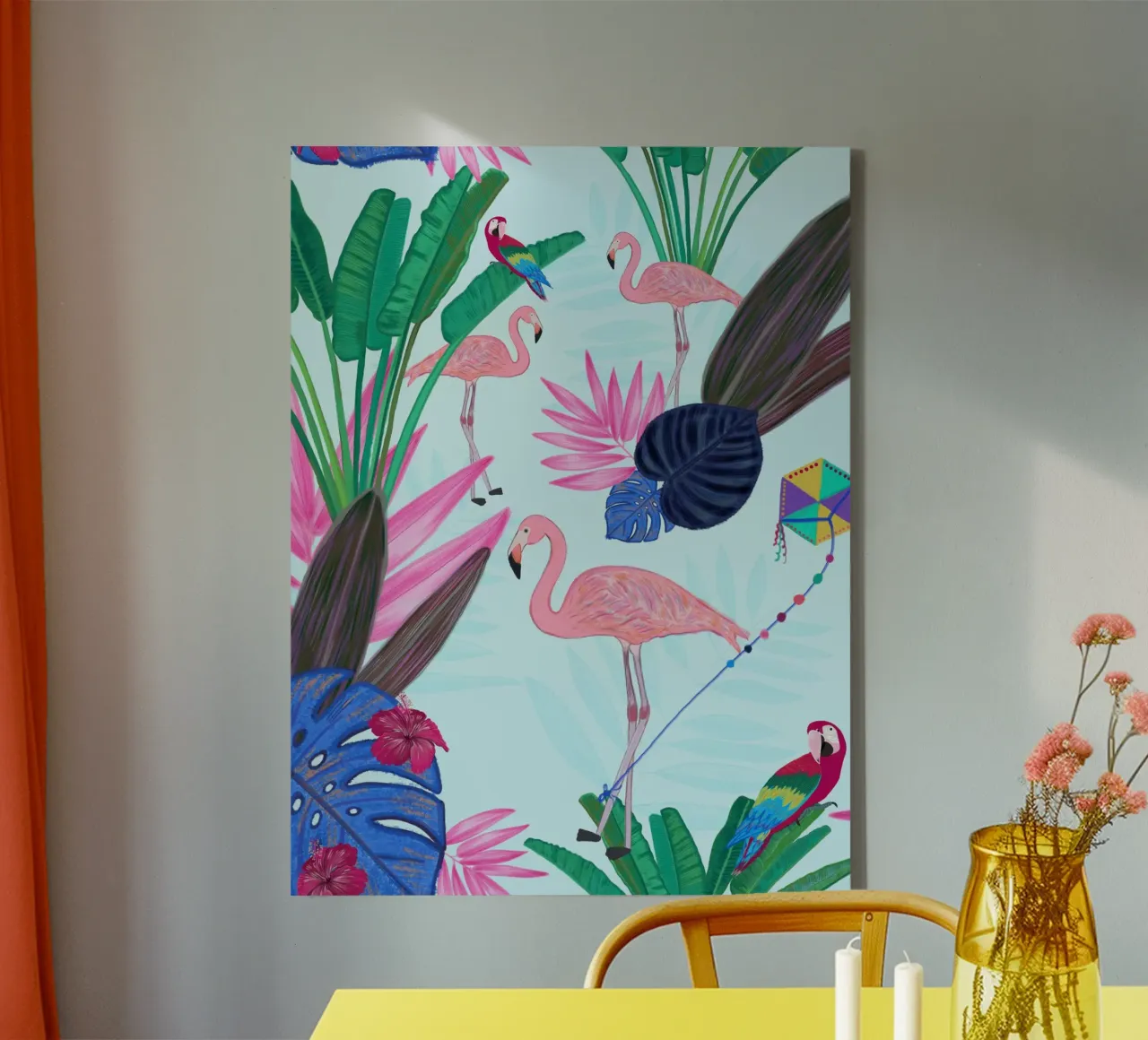 Flamingo with kite and banana tree summer time canvas by gulsengunel
