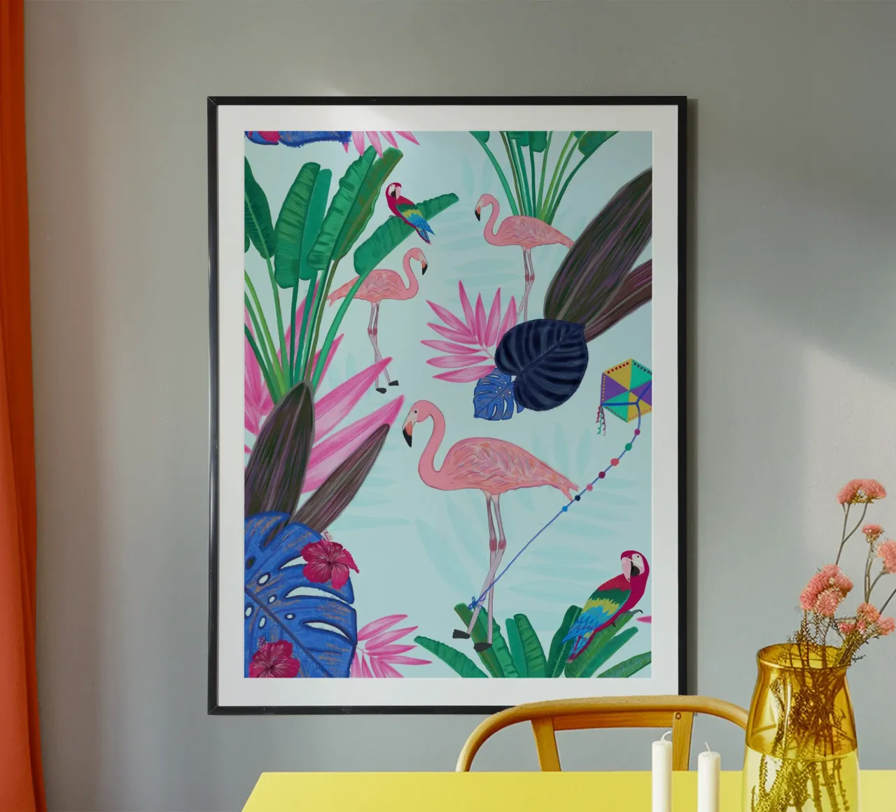 Flamingo with kite and banana tree summer time poster by gulsengunel