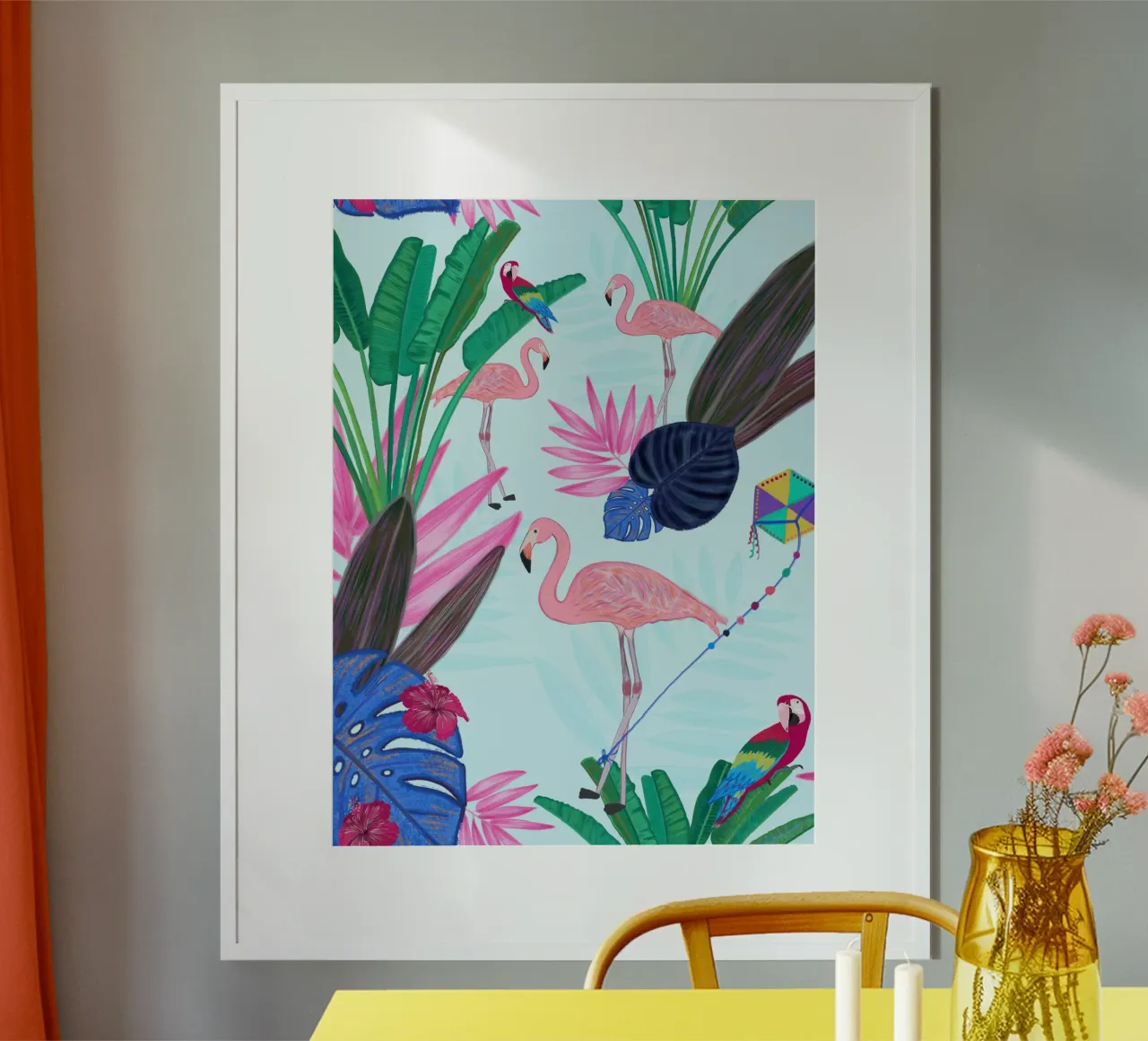 Flamingo with kite and banana tree summer time poster by gulsengunel