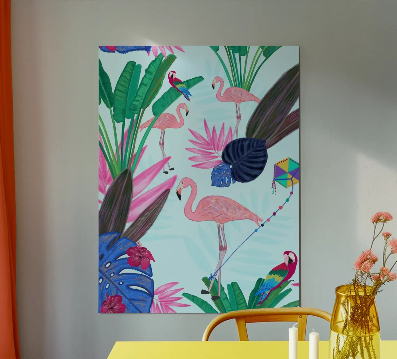 Flamingo with kite and banana tree summer time poster by gulsengunel