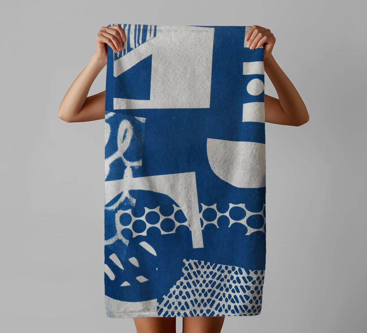 Geometric Cyanotype II towel by Kim Hubball Studio