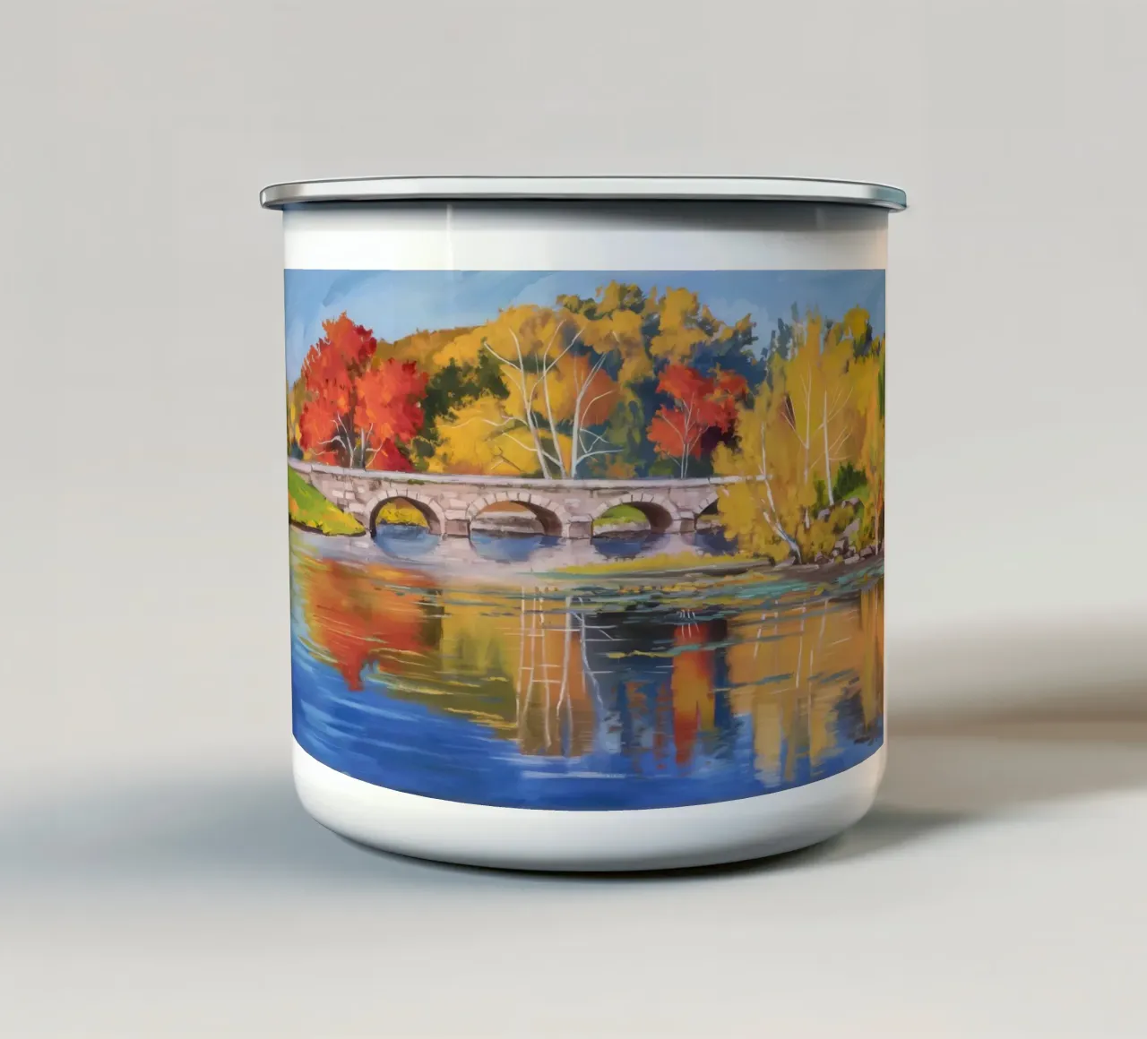Riflessione autunnale sul fiume tazza in smalto da Angkasa Mist