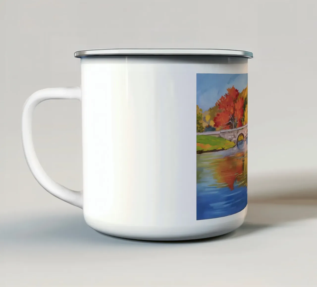 Riflessione autunnale sul fiume tazza in smalto da Angkasa Mist