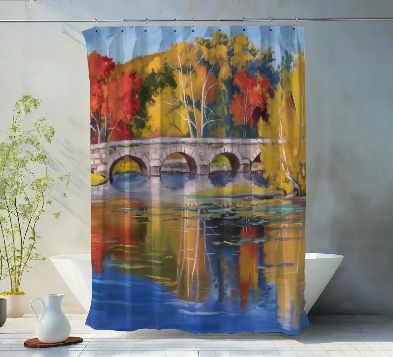 Riflessione autunnale sul fiume tenda da doccia da Angkasa Mist