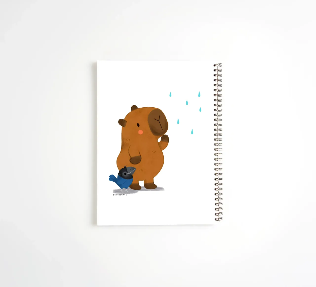 Capybara and Bird looking at the rain spiral notebook by julianamotzko